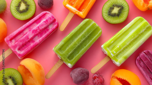 Colorful tropical berry punch and kiwi peach popsicles for summer refreshment Generative AI