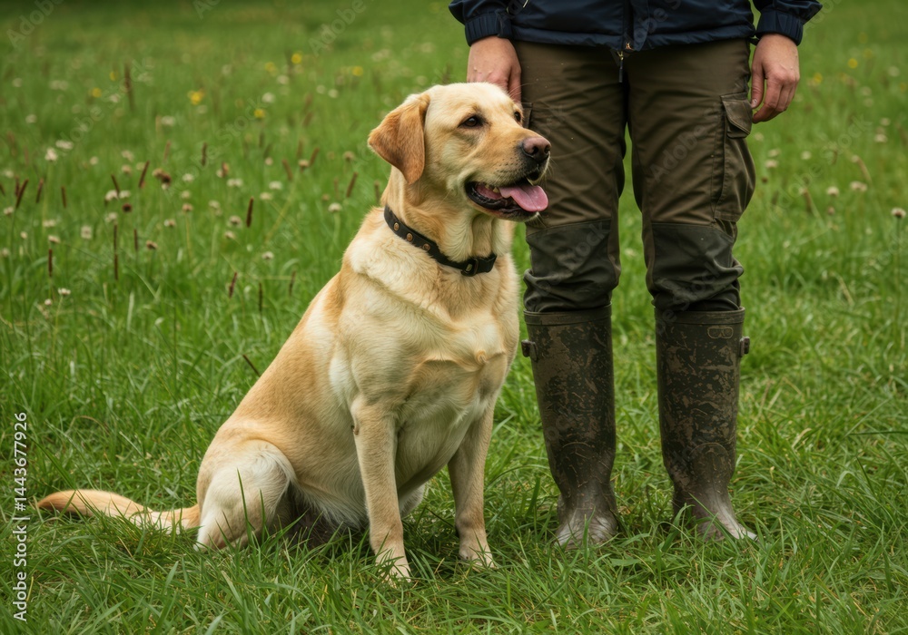 A yellow labrador retriever sits patiently next to its owner in a green grassy field. A yellow labrador retriever sits patiently next to its owner in a green grassy field.