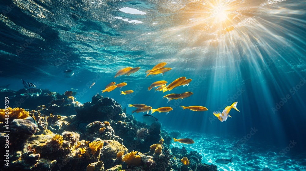 custom made wallpaper toronto digitalUnderwater fish scenery in the Mediterranean Sea, with sunlight streaming through the water and sea breams swimming peacefully in the relaxing ocean environment.