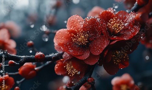 Red blossoms, rain drops, nature's beauty