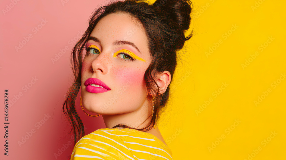 Millennial woman showcases bold makeup against vibrant yellow and pink backdrop Generative AI Millennial woman showcases bold makeup against vibrant yellow and pink backdrop Generative AI