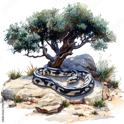 illustration of Python Coiled Around A Tree, watercolor vector, isolated on a white background.