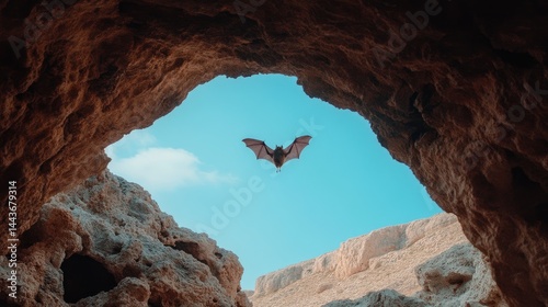 Bat flying out of a cave opening