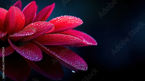   Close-up of a red flower with droplets of water on its petals against a dark blue backdrop