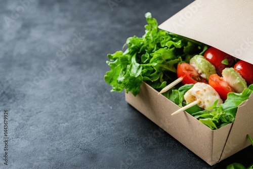 Healthy food box with salad and skewers tomatoes avocado cheese takeaway lunch