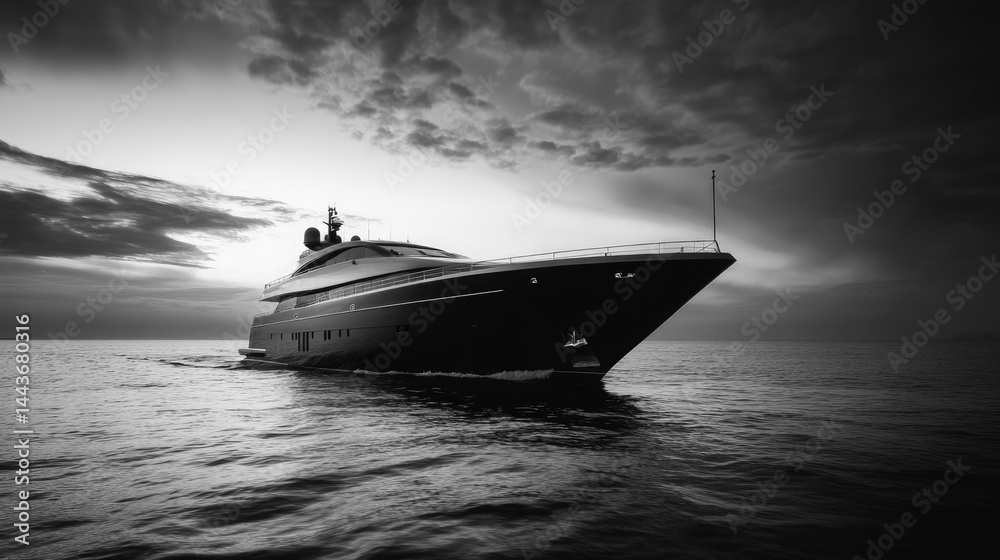 Naklejka premium Luxury Yacht Sailing on Dramatic Ocean at Sunset, Black and White Photography