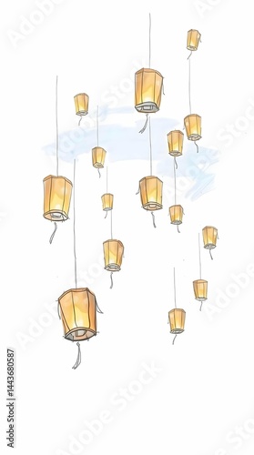 Watercolor sketch glowing floating lanterns light sky symbolizing wishes celebration art