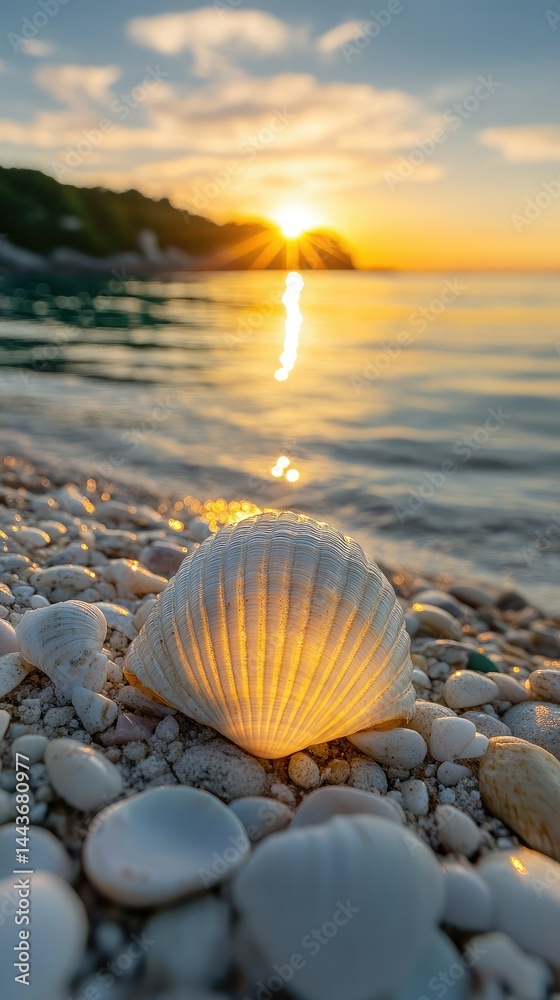 Sunrise seashell on a pebble beach. Golden light illuminates a scallop shell nestled amongst colorful stones on the shore at sunrise. Ocean waves gently lap at the shoreline Sunrise seashell on a pebble beach. Golden light illuminates a scallop shell nestled amongst colorful stones on the shore at sunrise. Ocean waves gently lap at the shoreline