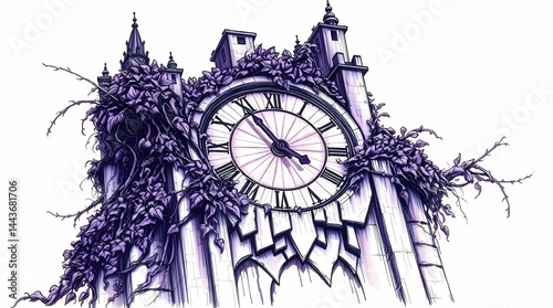 Stylized crumbling clock tower overgrown with purple vines symbolizing relentless march of time nature reclaiming art