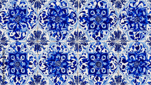 Ornate blue azulejo ceramic tile pattern from Spain and Portugal for elegant decor Generative AI