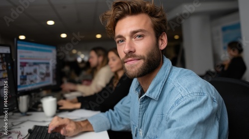 Young Man Working on Computer in Office with Colleagues in Background