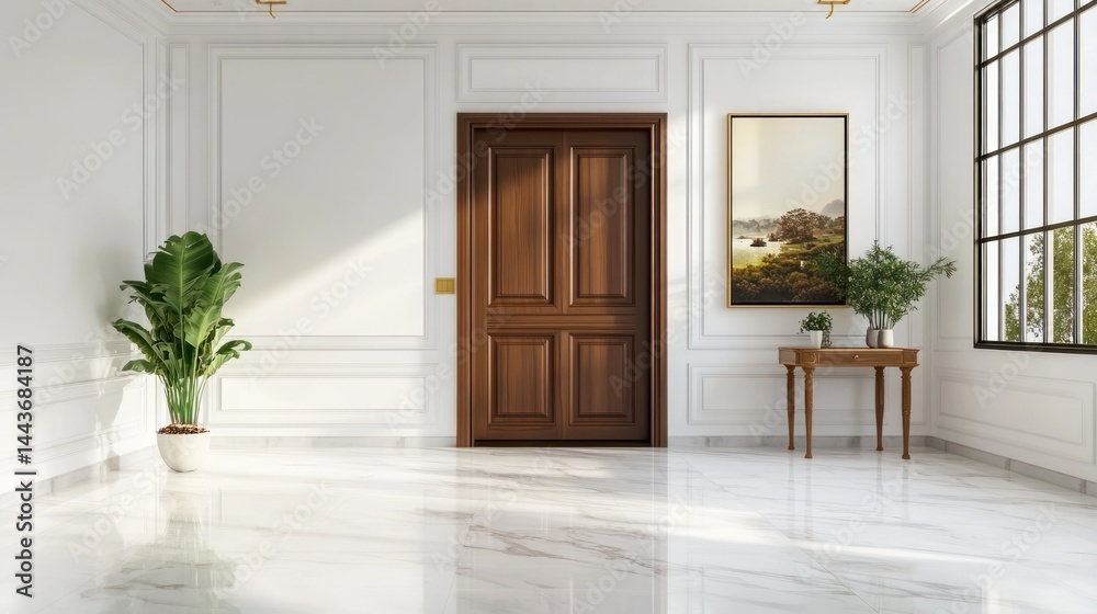 Obraz premium Elegant entryway, marble floor, sunlight, painting. Interior design, home decor