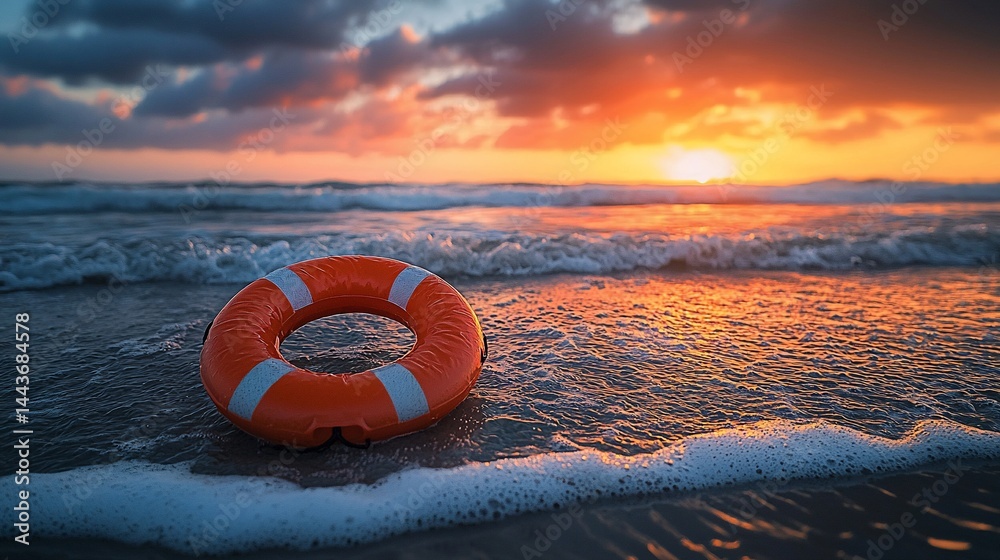 Obraz premium Sunset beach life preserver ocean waves hope