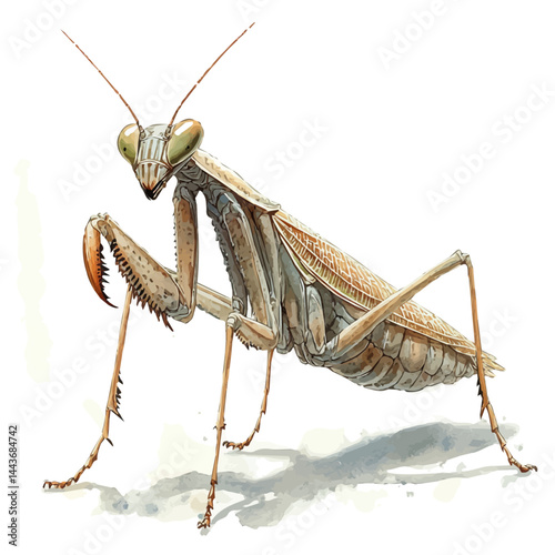 watercolor of Praying Mantis With Its Arms Raised, vector, isolated on a white background.