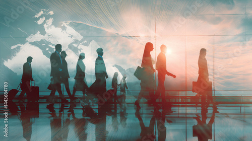 Silhouettes of diverse travelers walking through an airport terminal, suggesting global travel and business. Blurry world map in the background, highlighting international connections