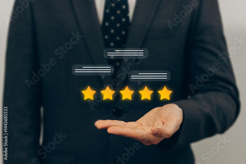 Customer Satisfaction Survey concept, 5-star satisfaction, service experience rating online application, customer evaluation product service quality, satisfaction feedback review, good quality most