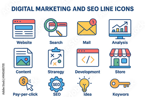 The collection includes a variety of digital marketing and SEO line icons, such as those for websites, searching, mailing, analyzing, content creation, strategizing, developing, and storing, all in