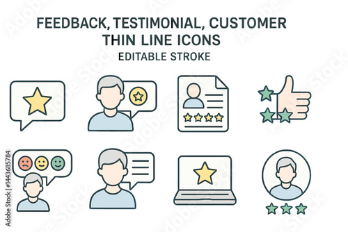 Thin line icons representing feedback, testimonial, and customer are available as a vector illustration with an editable stroke for design purposes