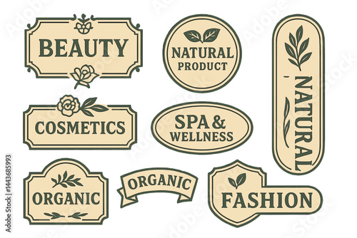 A collection of vintage labels and badges suited for beauty, natural and organic products, cosmetics, spa and wellness, and fashion is available for use
