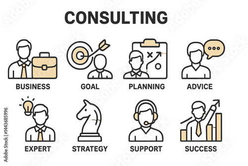 The business consulting banner web icon represents goal planning, advice, expert strategy, support, and success in a minimal vector infographic format