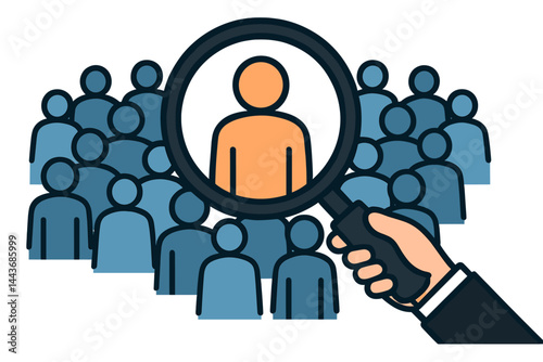 The concept involves using a magnifying glass on a crowd of people to select the best recruitment candidates or conduct market research and gather customer survey data