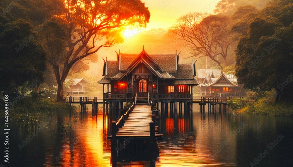 Fototapeta premium house on the lake with sunset