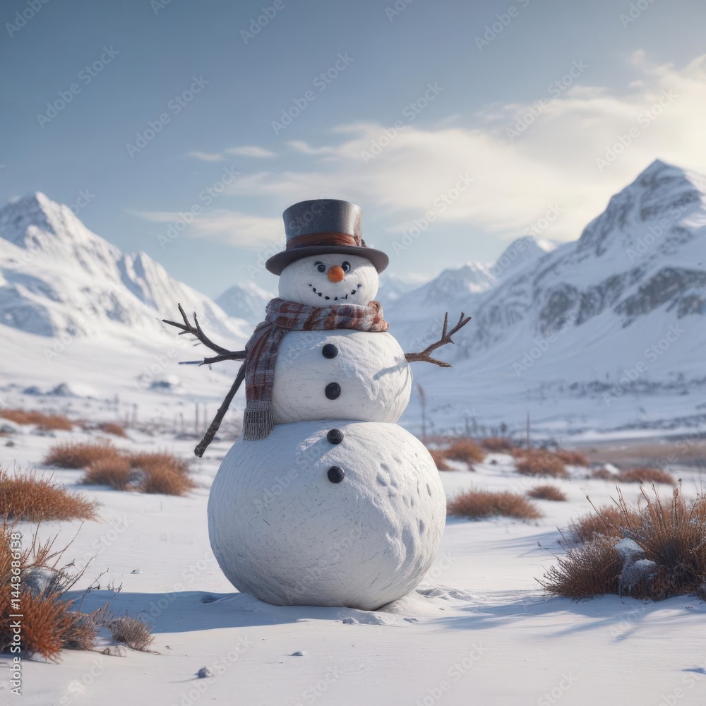 Obraz premium Frosty snowman amidst winter gear, barren snowy expanse, solitary, frost