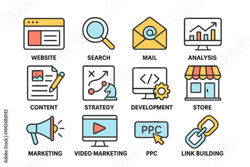 A set of digital marketing and SEO line icons is available, featuring a collection of outline icons for marketing and search engine optimization, including those for websites, search, email