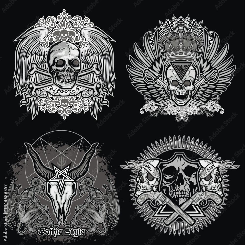 Fototapeta premium set, gothic sign with skull, grunge vintage design t shirts