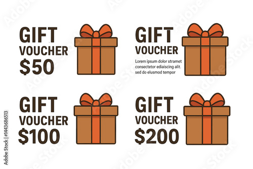 Vector illustration of a shopping gift card template set, complete with a gift box and dollar numbers, featuring a voucher layout for the front and back