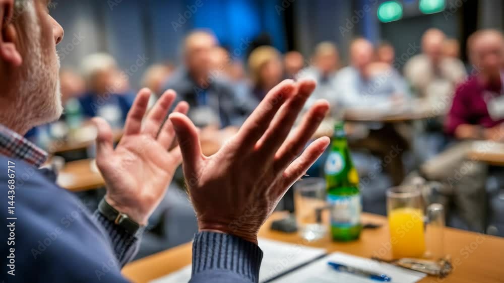 Speaker gesturing to audience during conference, with beverages and documents on table, presentation in a corporate environment. Speaker gesturing to audience during conference, with beverages and documents on table, presentation in a corporate environment.