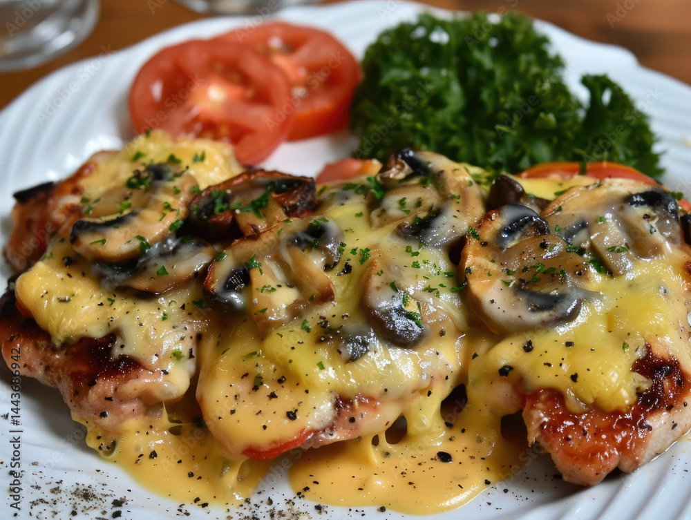 Grilled chicken breast, topped with melted cheese, sauteed mushrooms, and a sprinkle of parsley.  Served with tomato slices