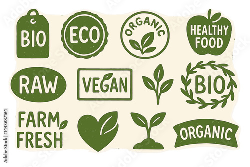 Bio, Ecology, Organic logos and icons, labels, tags’ refers to hand drawn bio healthy food badges, including a set of raw, vegan, and healthy food signs along with organic elements