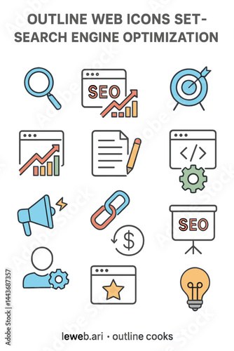 The Search Engine Optimization set consists of outlined web icons, including a thin line web icon collection presented as simple vector illustrations