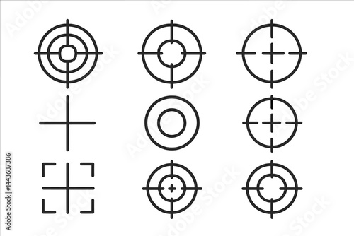 A stylish illustration of a target set with icons, sight, sniper symbol, and crosshair on a white background, suitable for web design in EPS10 format