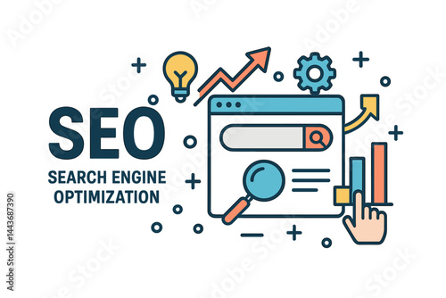 Banner SEO search engine optimization' is paired with vector graphics containing pictograms