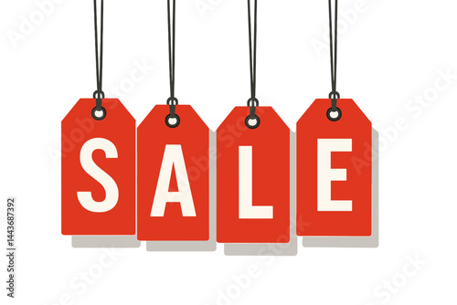 Red sales tags are hanging in a vector graphic with an optional transparent shadow for added depth