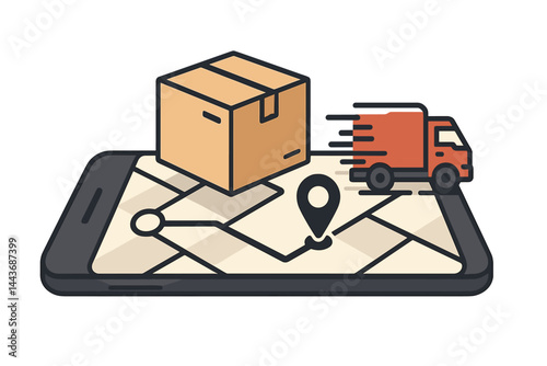 The concept of online delivery via phone is depicted, showcasing swift package shipping and responsive delivery services accessible through mobile devices, along with order tracking features