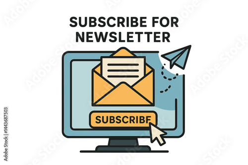 A computer screen displays a subscribe button with a cursor, representing the concept of subscribing to a newsletter, along with an open message, a document, and a paper airplane icon