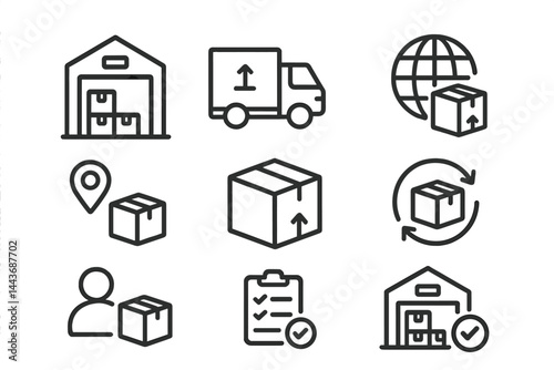 A collection of vector line icons related to package delivery is provided, including symbols for a warehouse, global shipping, and package returns, all with editable strokes and a 48x48 pixel perfect