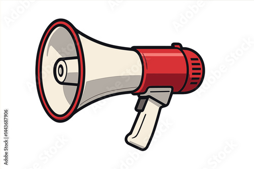 A red and white megaphone is depicted in a realistic vector illustration set against a transparent background