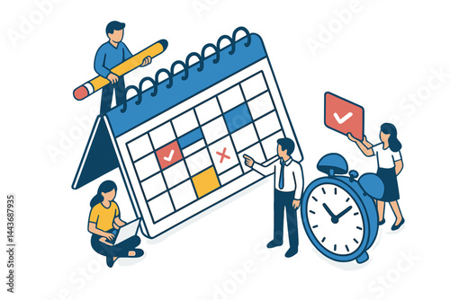 Isometric illustration of schedule calendar project timeline deadline is a vector representation of people and teamwork in time management