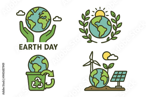 A set of Earth day illustrations is available, featuring vector concepts suitable for graphic and web design, business presentations, marketing, and print materials
