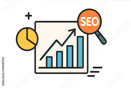 Vector illustration of seo icon and analysis chart showing data growth increase line for marketing research and strategy purposes
