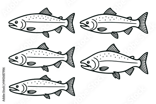 A set of salmon silhouettes is depicted in a line art style, with the fish being a hand-drawn vector, suitable for a tattoo on a white background