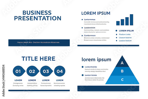 Infographic elements are utilized to create blue business presentation slides templates, which can be applied to various materials such as presentations, flyers, leaflets, brochures, corporate