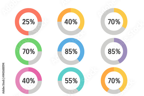 Vector illustration of a circle percentage diagram set, colored and isolated on white, designed for application in infographics, UI, web design, business presentations, marketing maps, or to