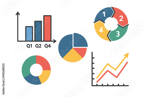 Business statistics, planning, and analytics, including forecasting growth rates, are presented through abstract data visualization, marketing charts, and graphs in a set of infographics with