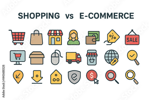 Wallpaper Mural Vector illustrations in EPS10 format feature a collection of thin line icons comparing shopping and e-commerce Torontodigital.ca