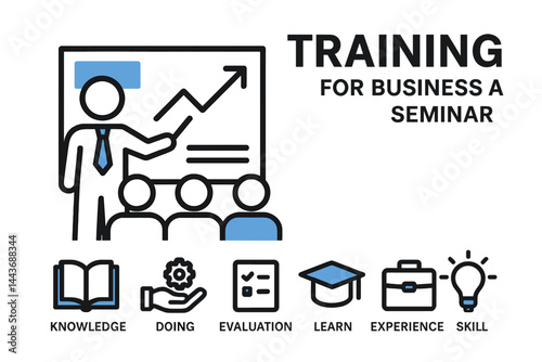 Icon for business and seminar training in a banner web format, incorporating coach, teaching, learning, evaluation, knowledge acquisition, hands-on experience, and skill development, presented as a